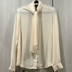 NEW Who What Wear Cream Semi Sheer Pleated‎ Tie Neck Blouse Size L